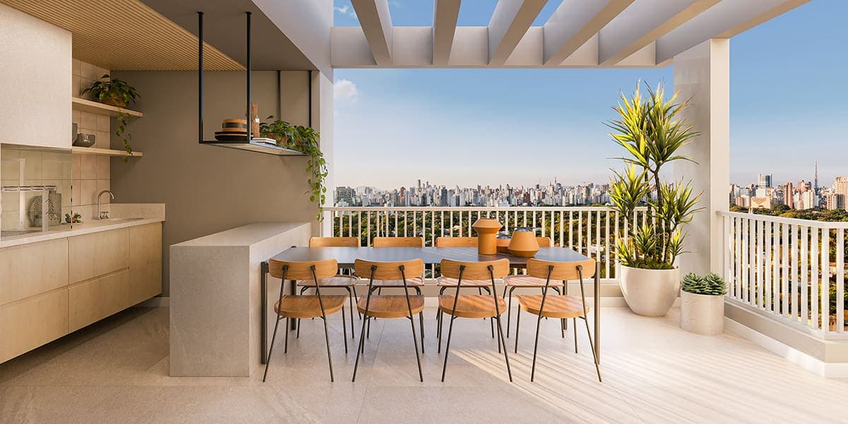 Perspectiva ilustrada do duplex de 134 m²