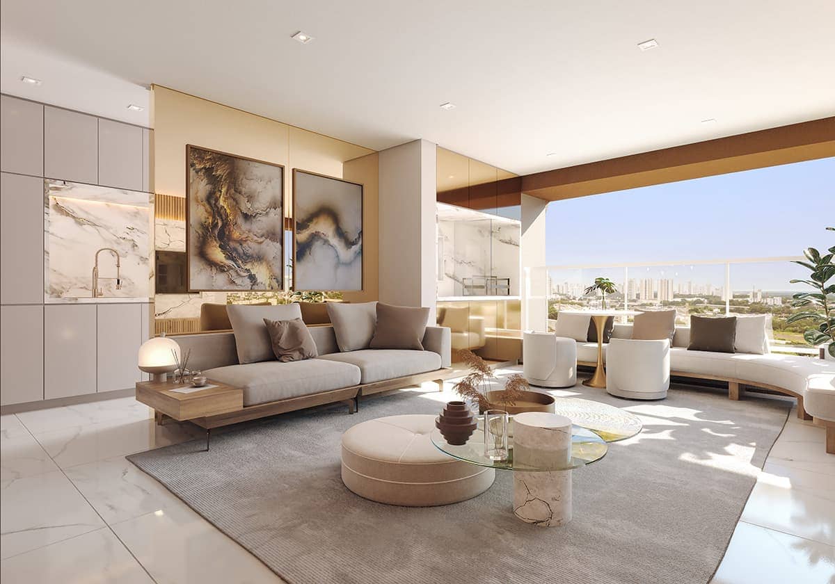 Perspectiva ilustrada do living do apartamento de 65 m²