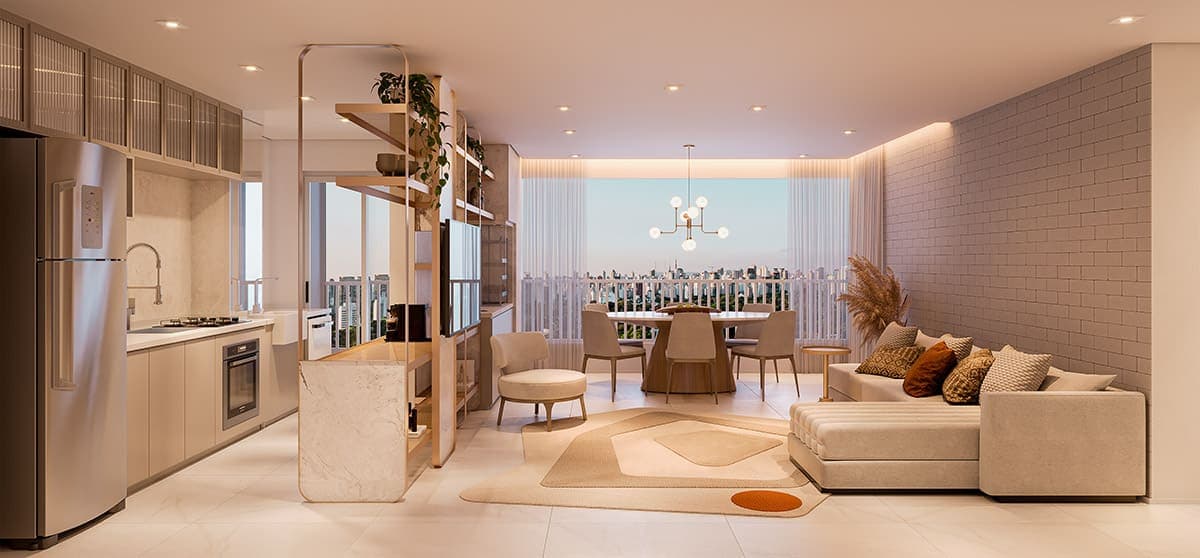 Perspectiva ilustrada do living do apartamento de 78 m²