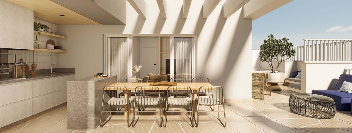 Perspectiva ilustrada do living duplex de 157 a 206 m²