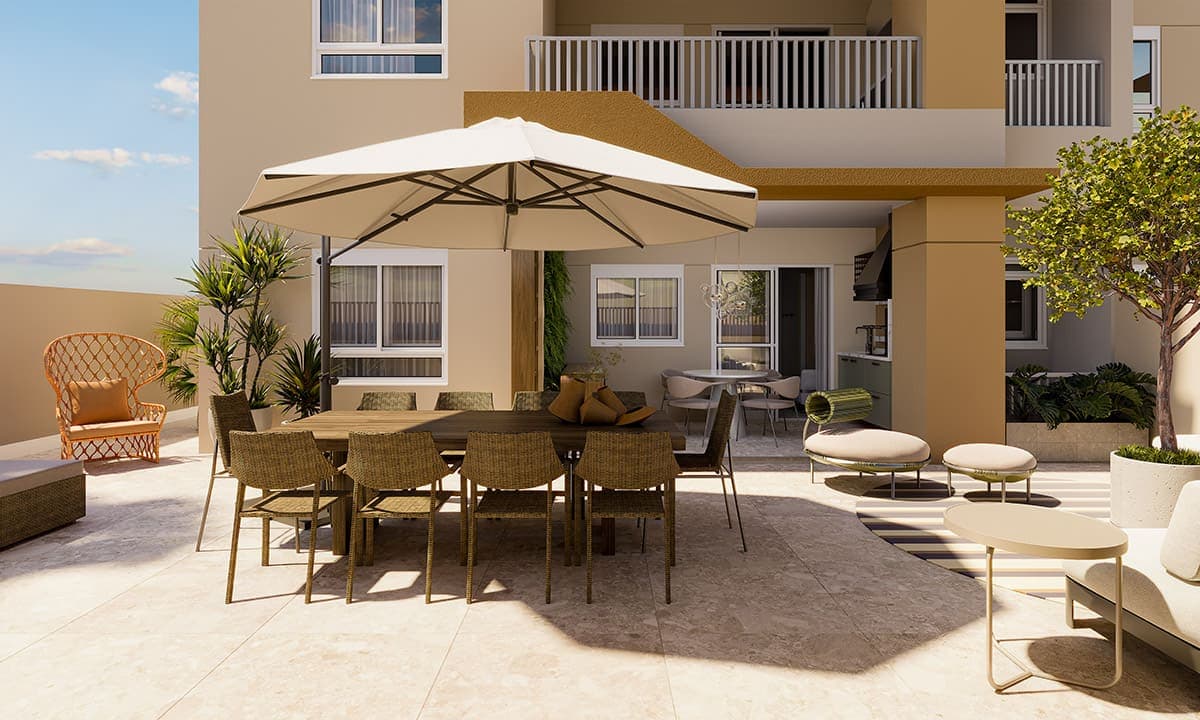 Perspectiva ilustrada do living garden de 102 a 153 m²