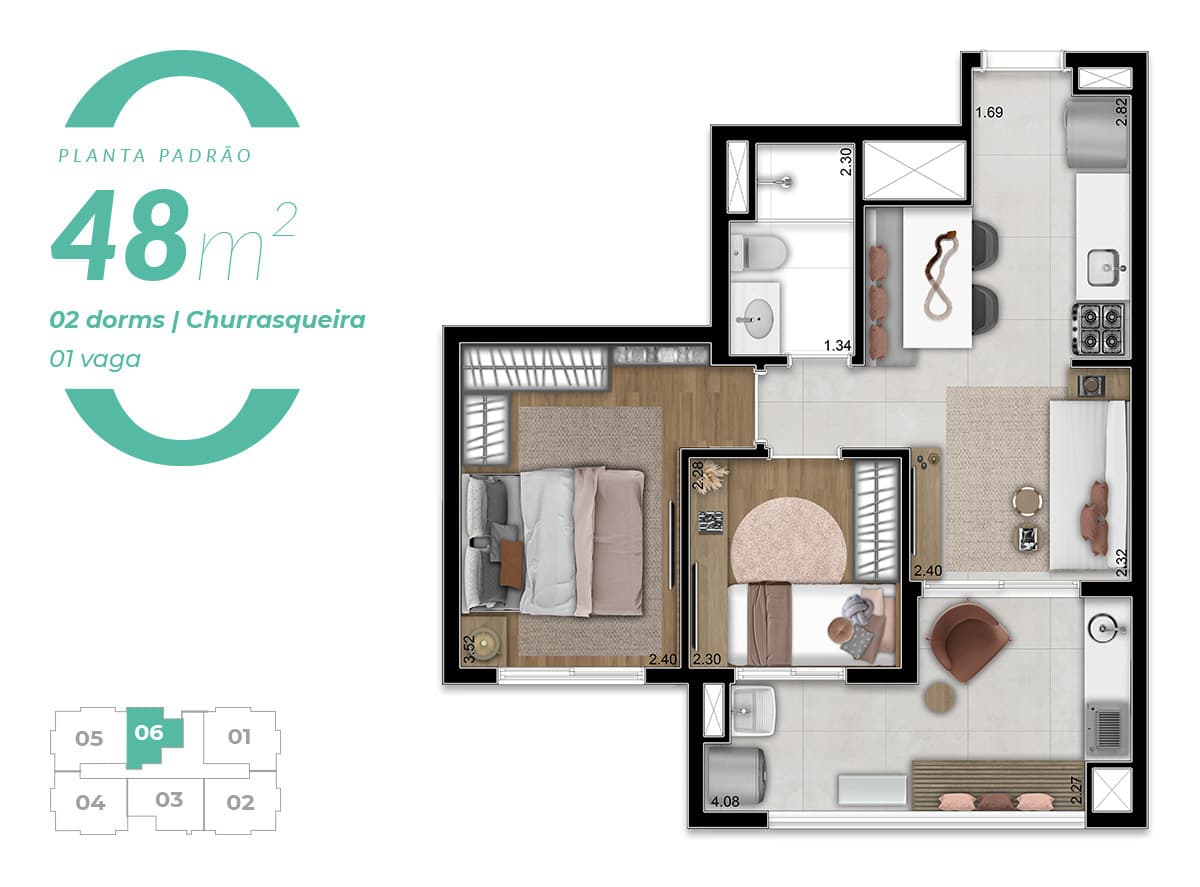 Planta baixa do apartamento de 48 m² do Altto Bela Vista